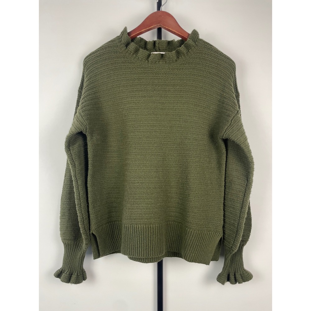 Madewell Ruffle Neck Pullover Sweater Olive Green Cotton Merino Wool Small